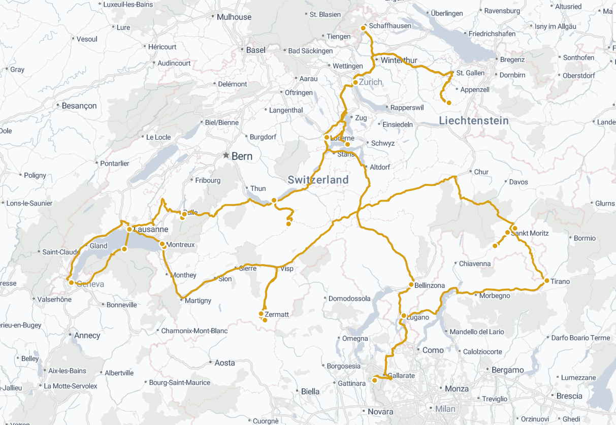 Itinerary map of the Swiss Grand Essentials Tour, showcasing key destinations including Zermatt, the Matterhorn, Lucerne, Interlaken, and the Swiss Alps.