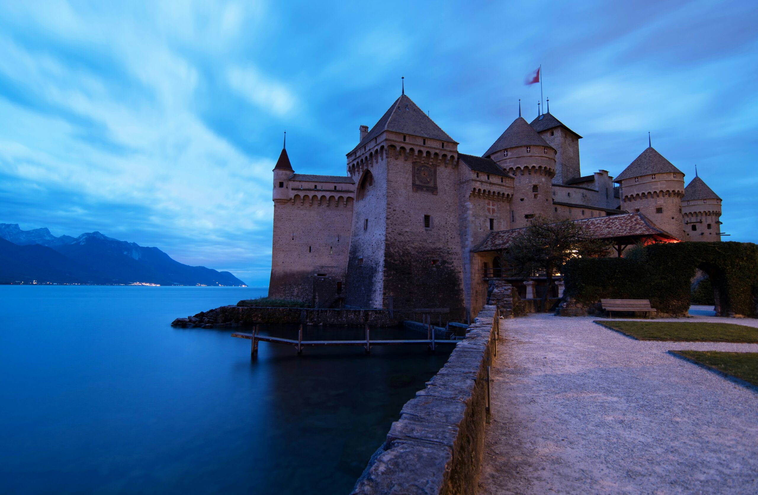 Chillon Castle on the shores of Lake Geneva, with its medieval towers and picturesque surroundings.