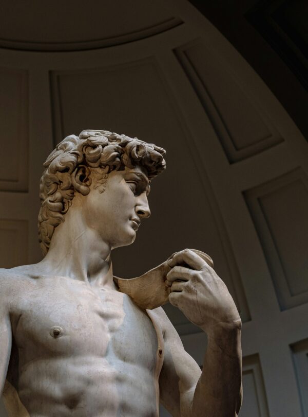 Michelangelo's statue of David in Florence, Italy, showcasing the iconic marble figure of a young biblical hero.